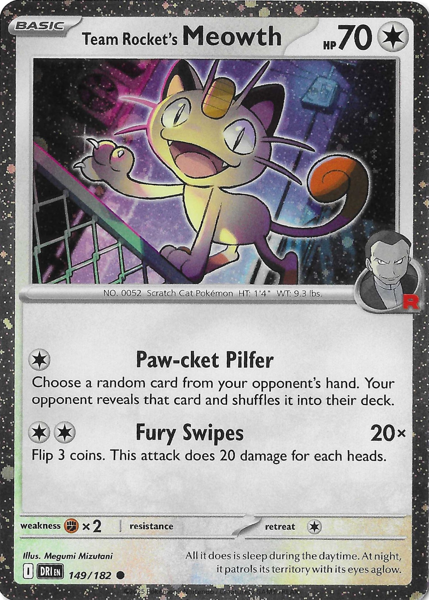 Team Rocket’s Meowth 149/182 SV Destined Rivals Cosmo Holo NM